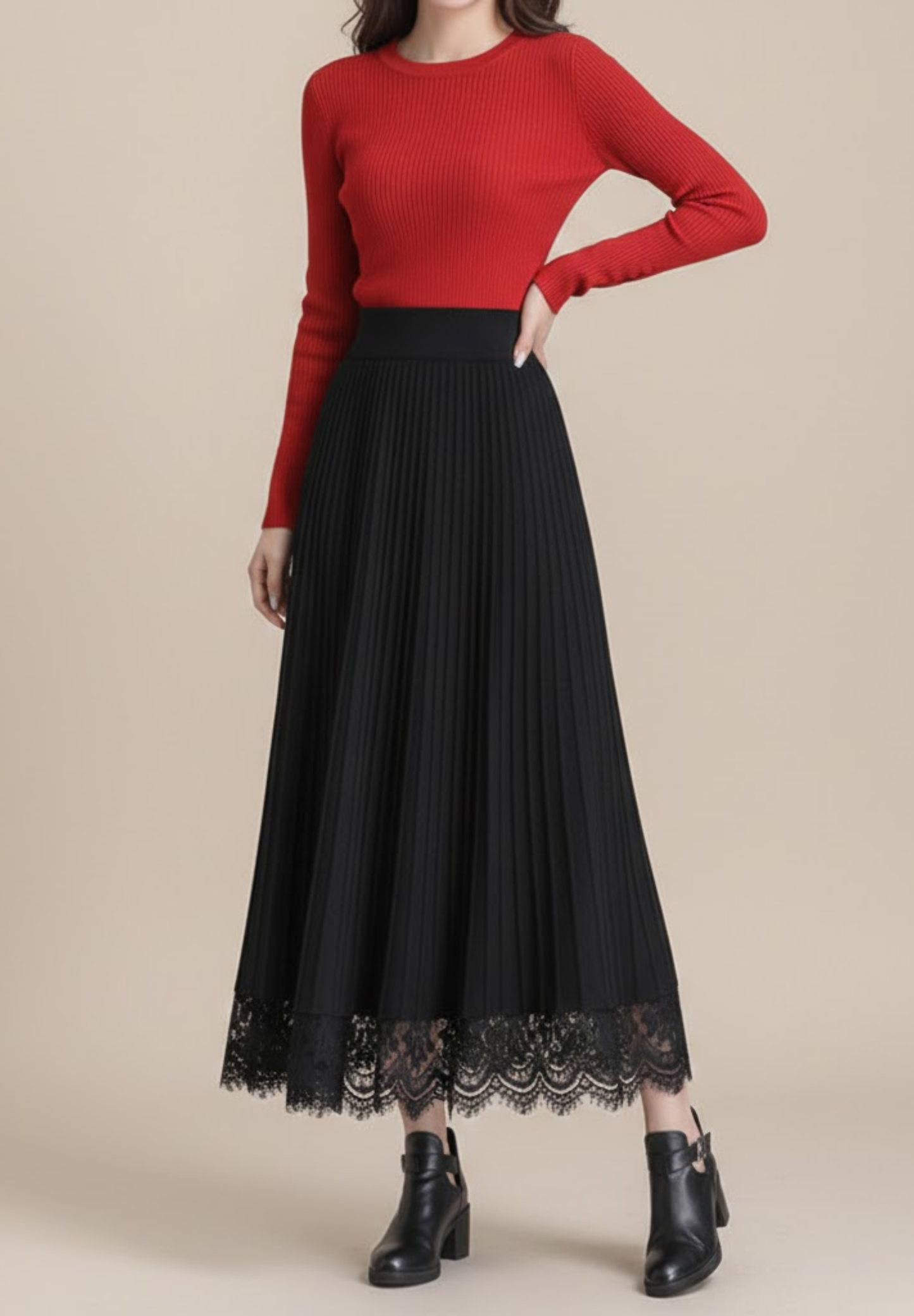 Jupe mi-longue plissée en maille