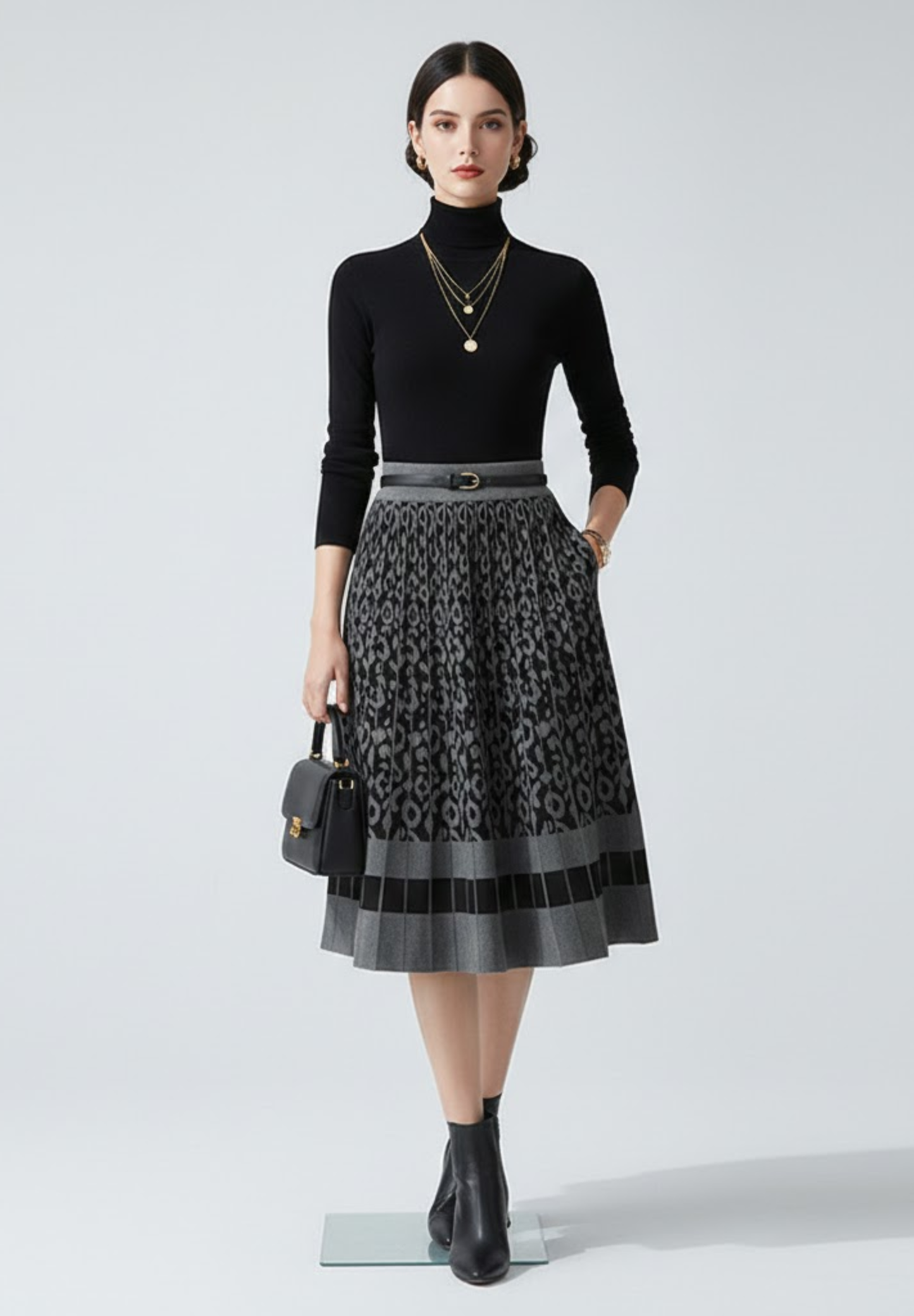 Jupe plissée en maille pour femme, coupe trapèze