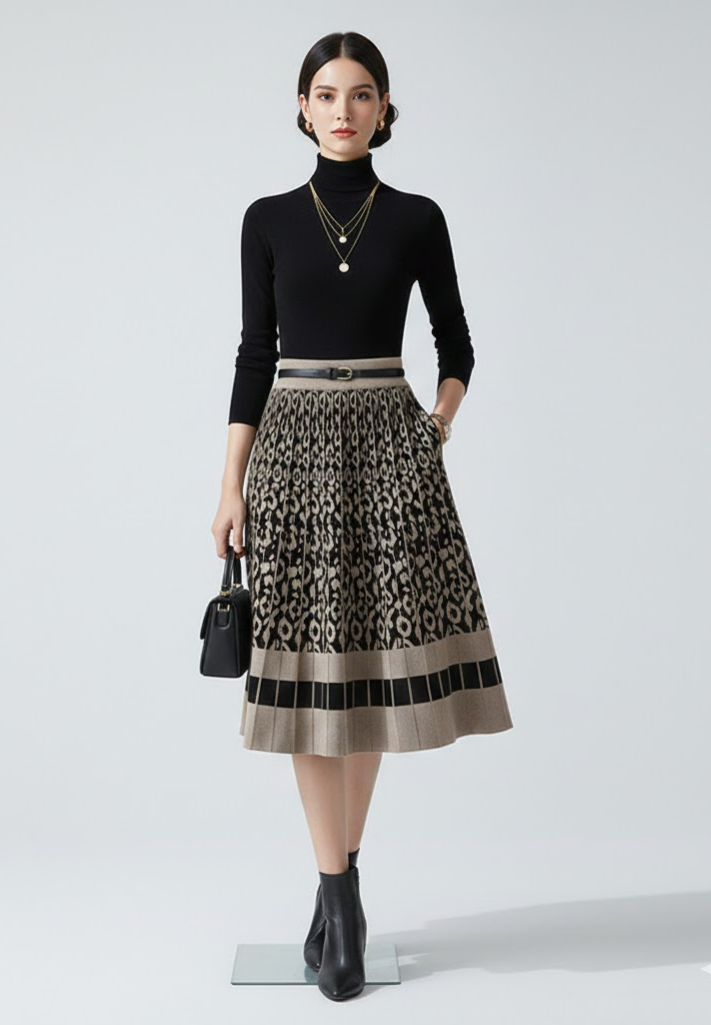 Jupe plissée en maille pour femme, coupe trapèze