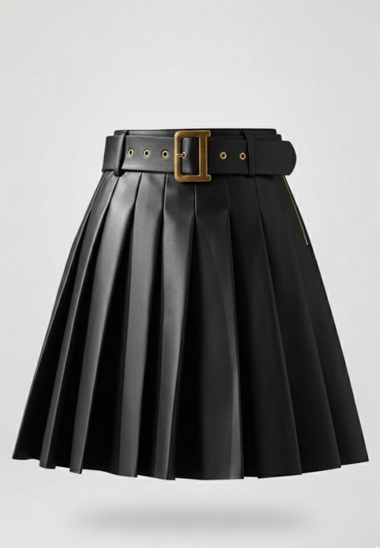 Jupe mi-longue en cuir plissé