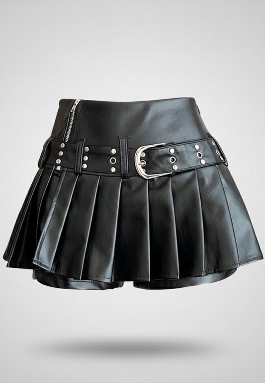 Mini jupe plissée en cuir noir