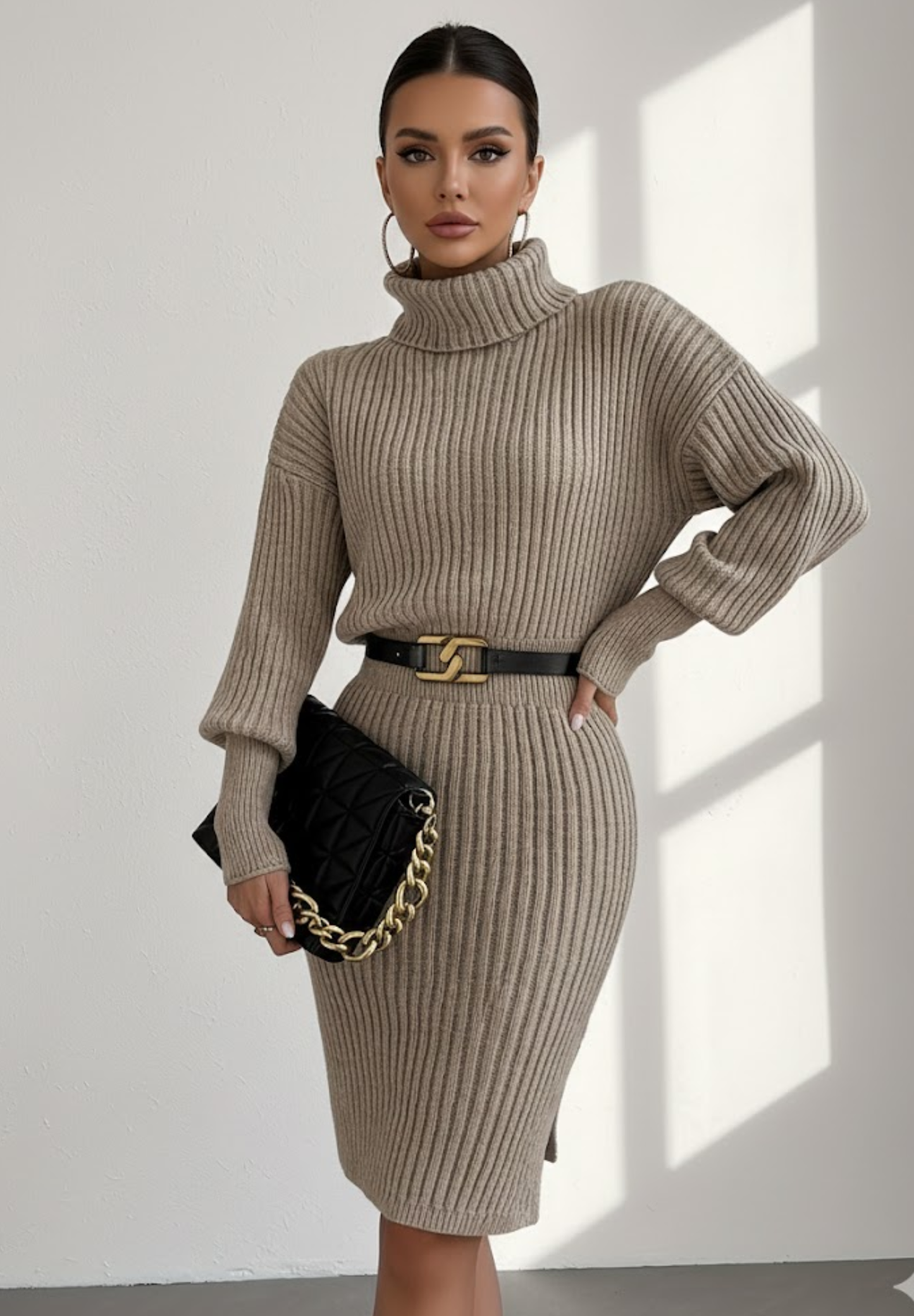 Nouvelle robe pull-over à col roulé plissée