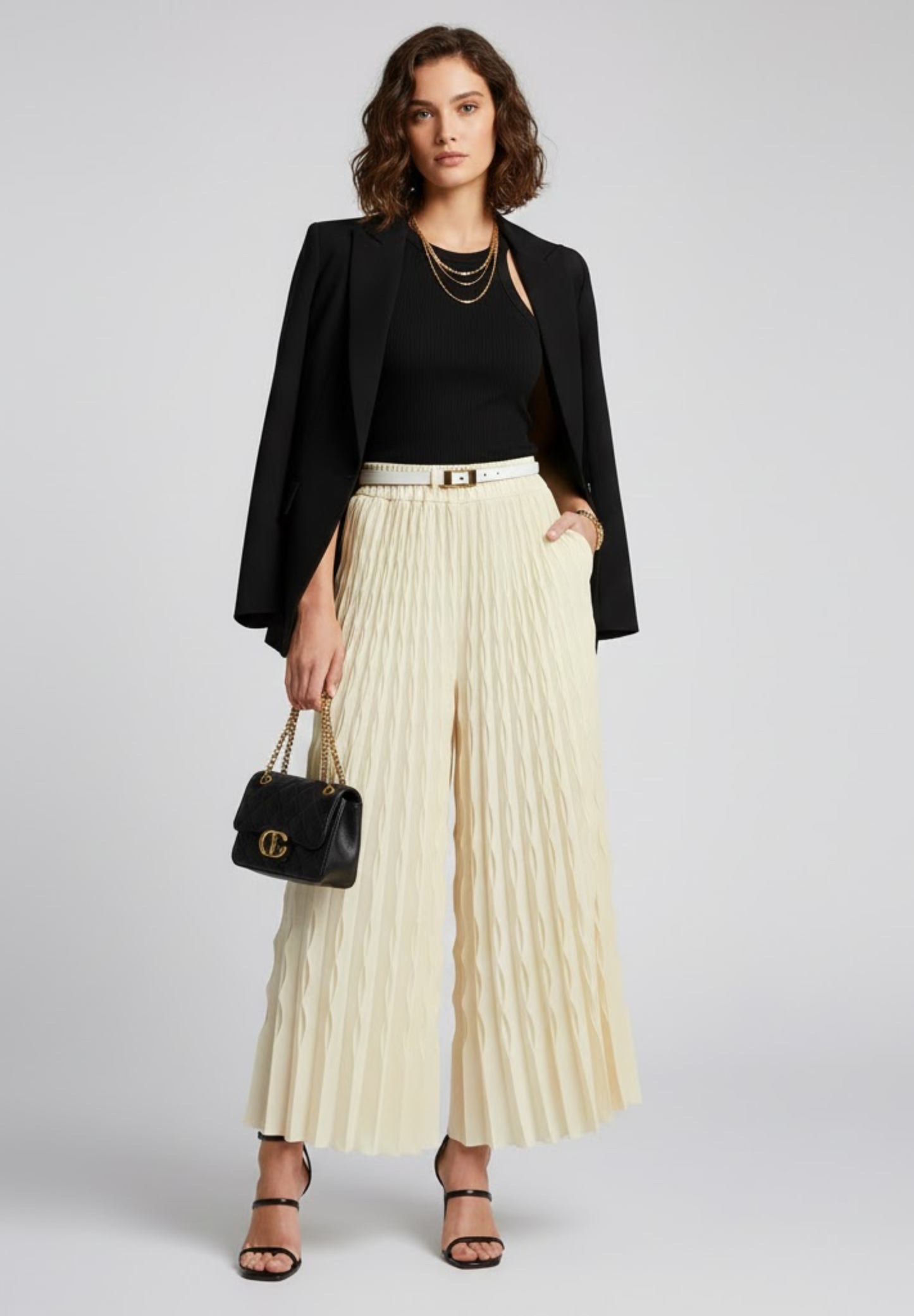 Pantalon large à taille élastique plissé modèle #CHIC