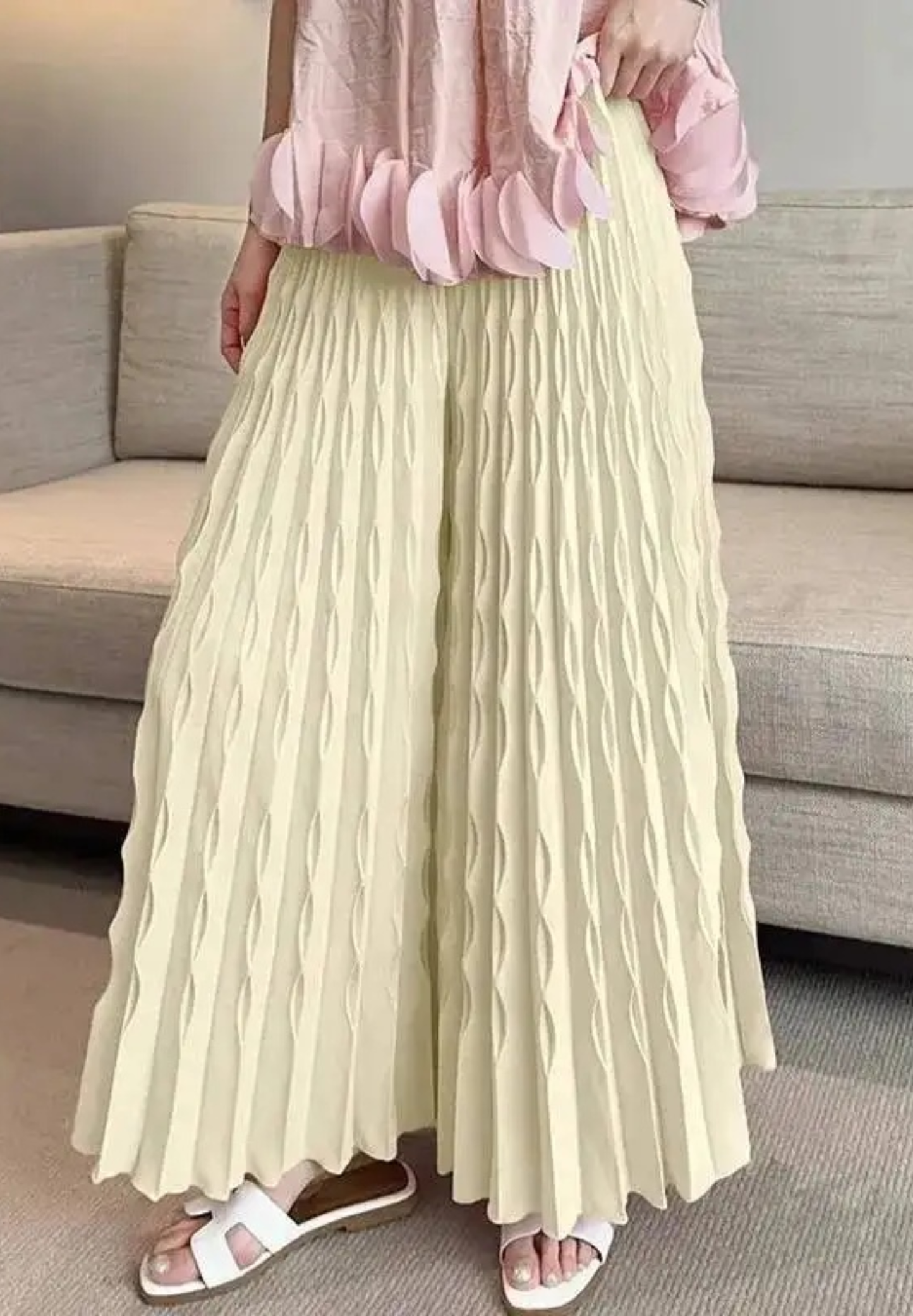 Pantalon large à taille élastique plissé modèle #CHIC