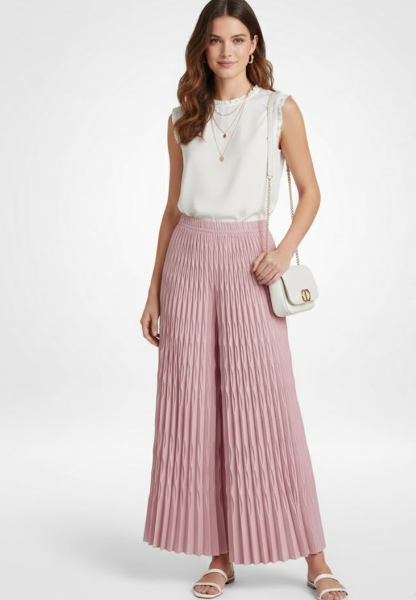 Pantalon large à taille élastique plissé modèle #CHIC