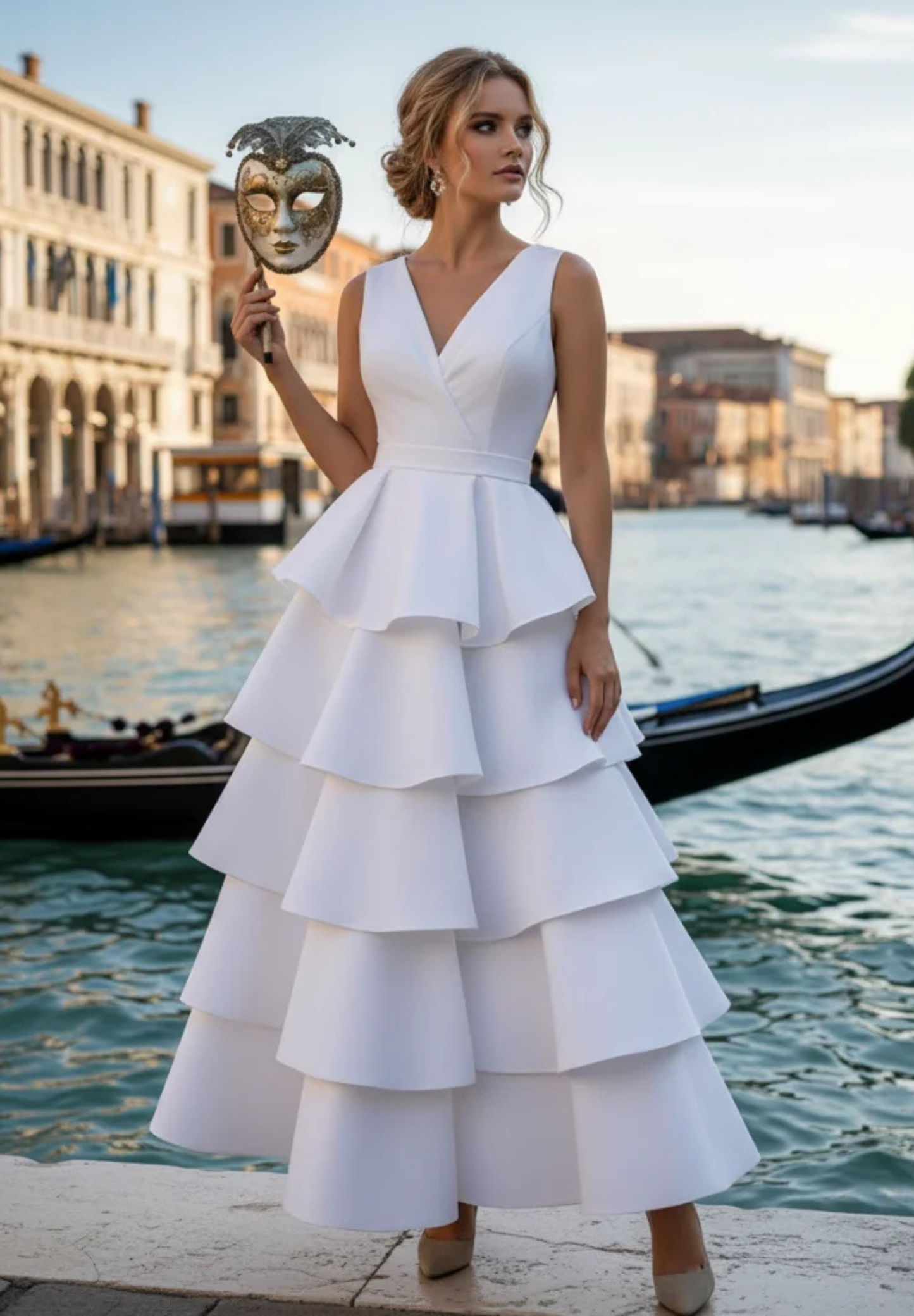 Robe de mariée plissée encolure en V coupe trapèze