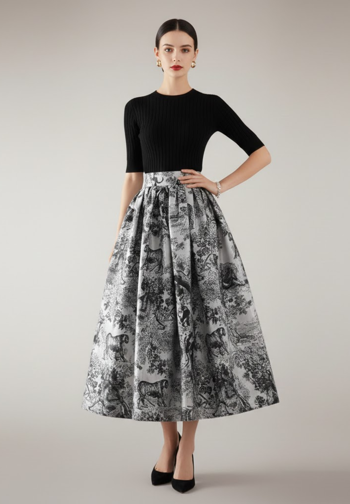Jupe plissée mi-longue en jacquard